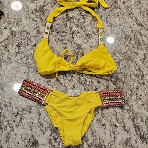Beach Bunny Vibrant Yellow Bikini with Pink and Gold Small Bottom Medium Top